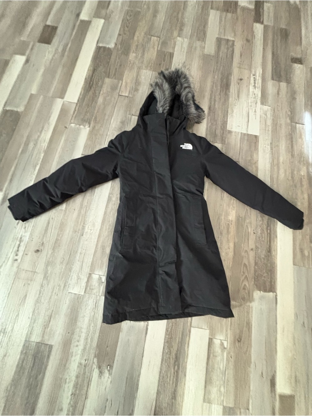 The North Face Black Long Insulated Hooded Ski Coat with Faux Fur Trim